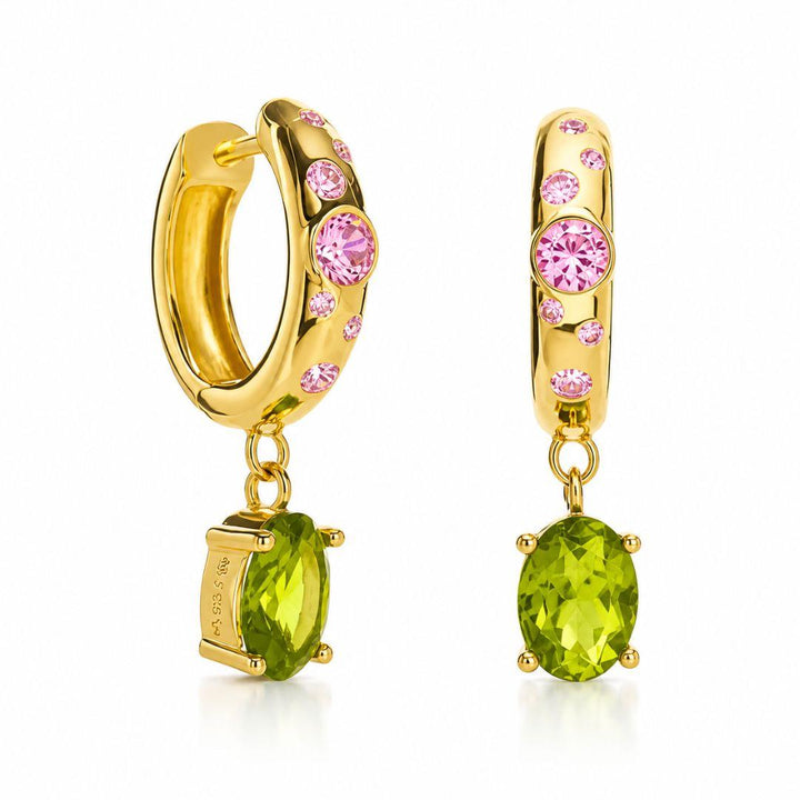 Pendientes de Plata Dorada con Cristales Rosas y Colgante Verde