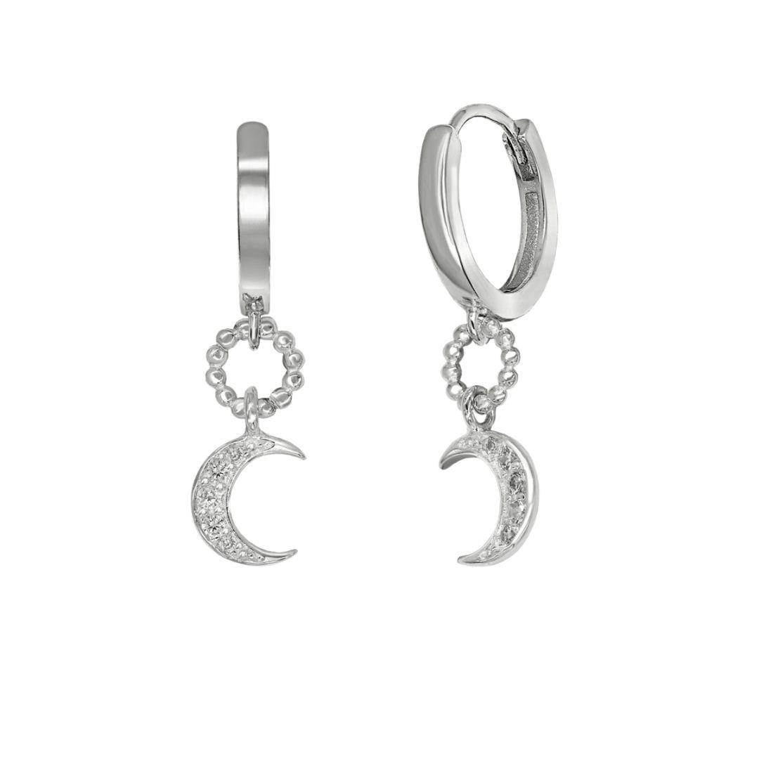 Pendientes plata de aro colgantes en forma de luna con circonitas