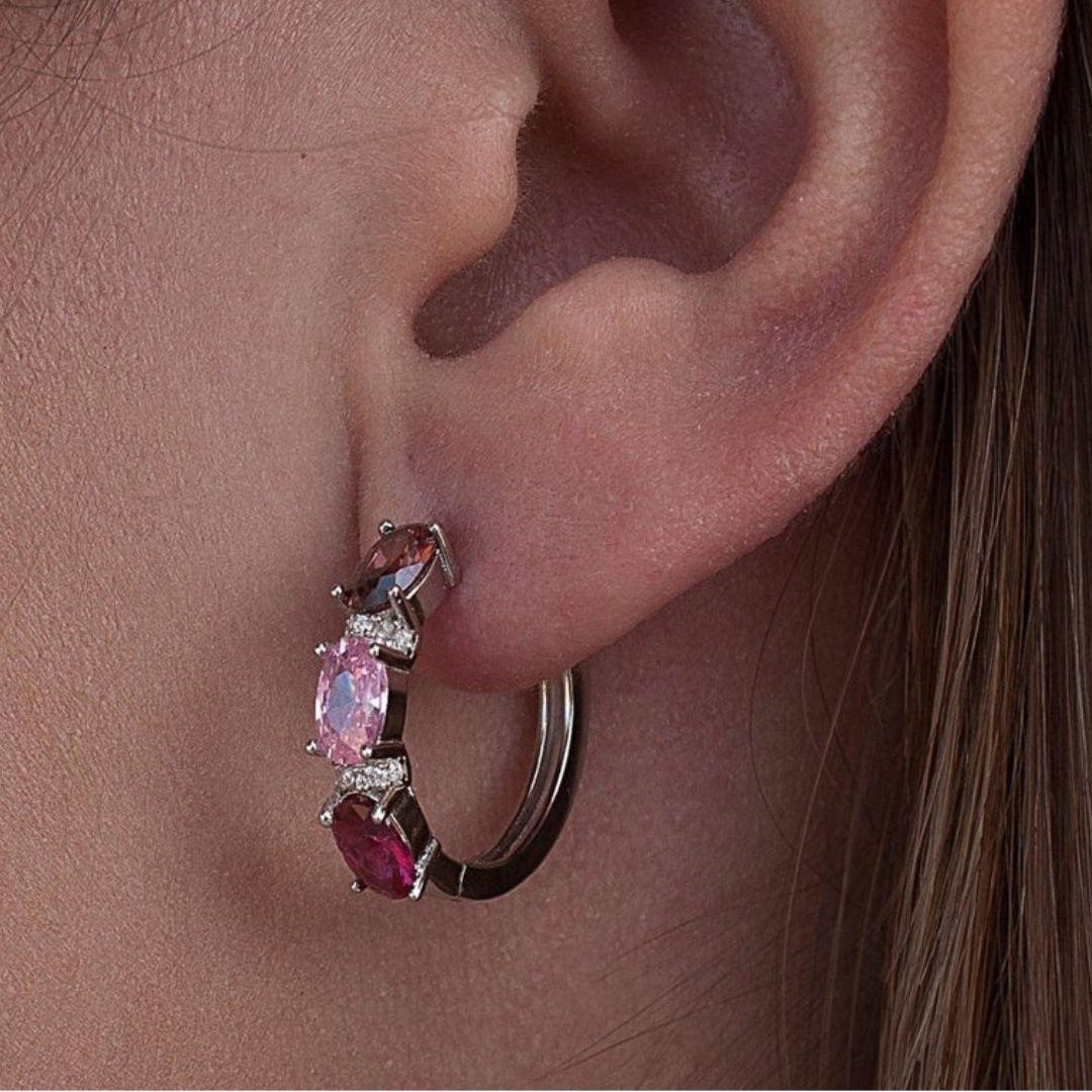 Pendientes Aros Elegantes Plata de Ley con Piedras Rosas