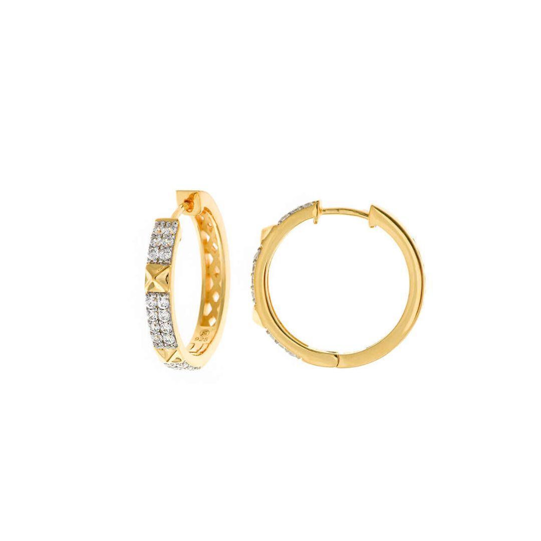 Pendientes Aros Plata baño oro con circonitas blancas y detalle piramidal