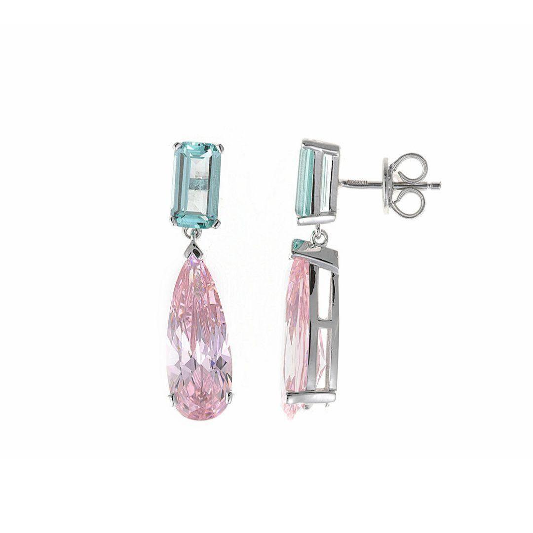 Pendientes Largos de Plata de Ley 925 con Cristales Verde y Rosa – Diseño Exclusivo