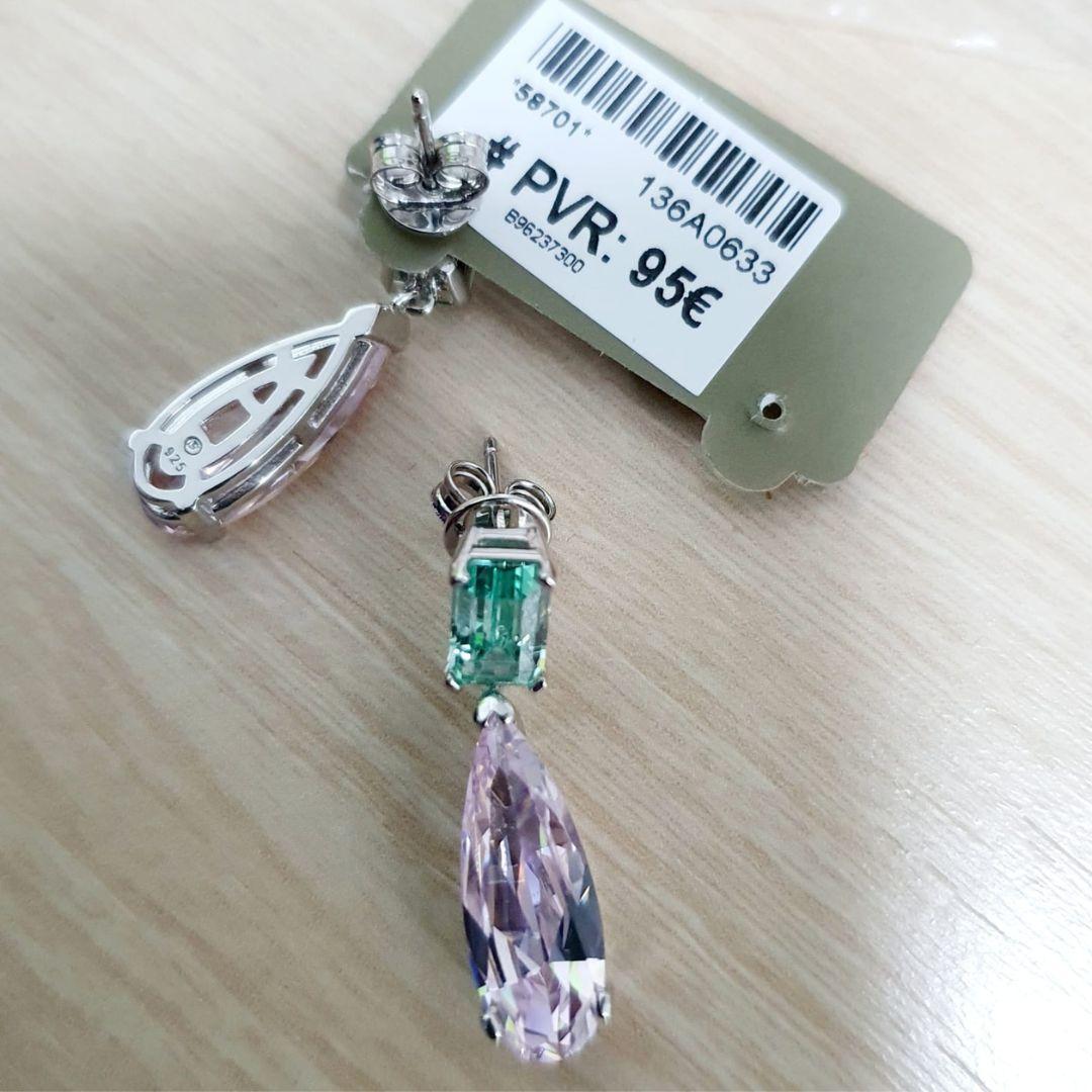 Pendientes Largos de Plata de Ley 925 con Cristales Verde y Rosa – Diseño Exclusivo