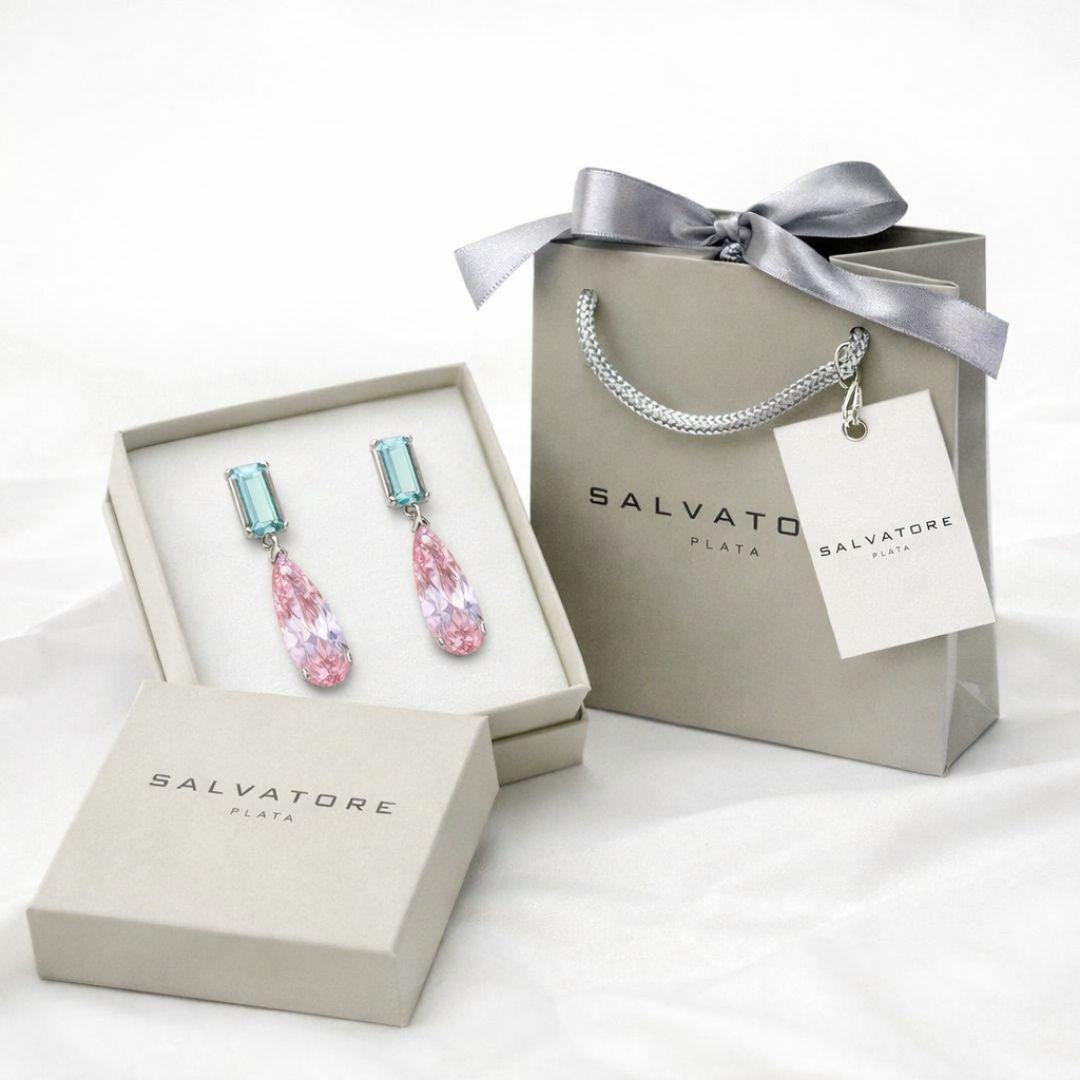 Pendientes Largos de Plata de Ley 925 con Cristales Verde y Rosa – Diseño Exclusivo