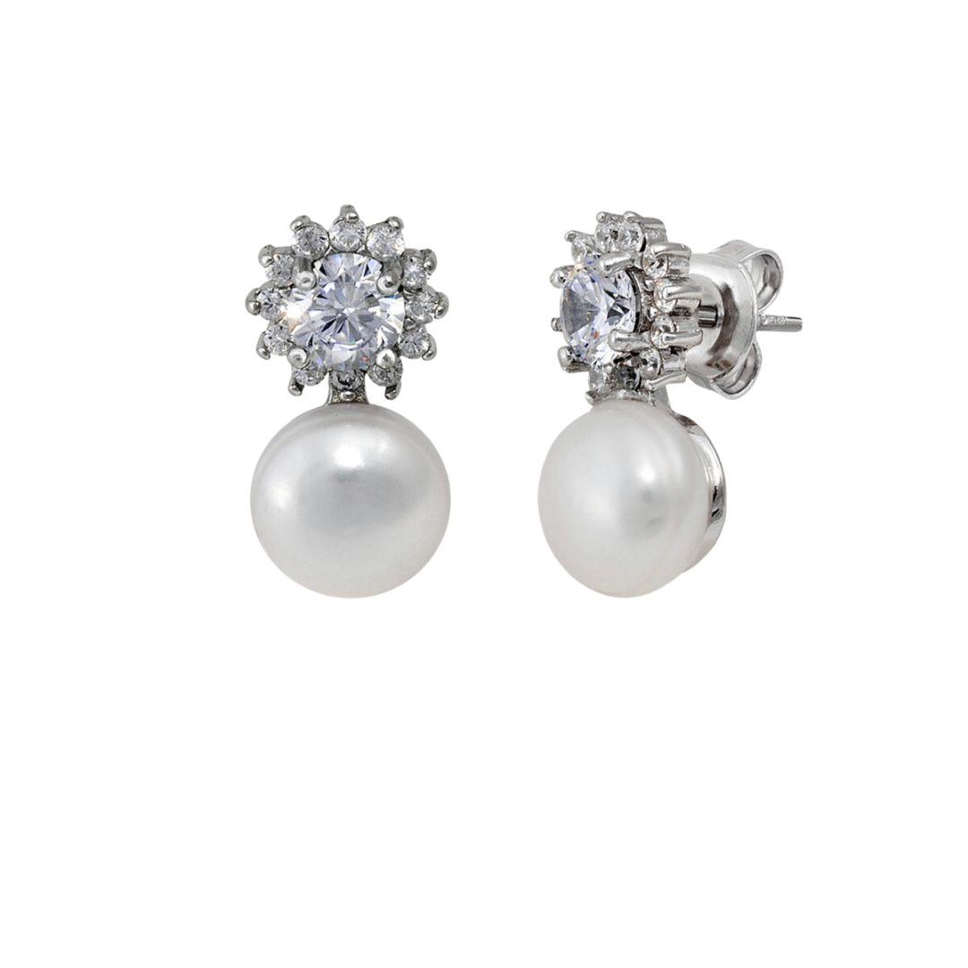 Pendientes de plata tu y yo con perla y circonitas brillante