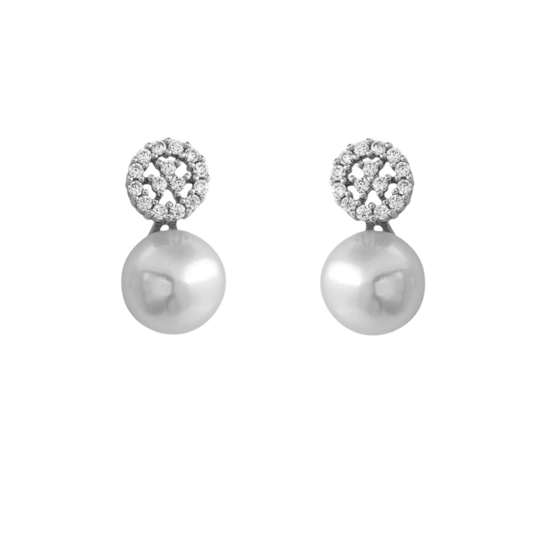 Pendientes de plata tu y yo con perla y circonitas en forma circular