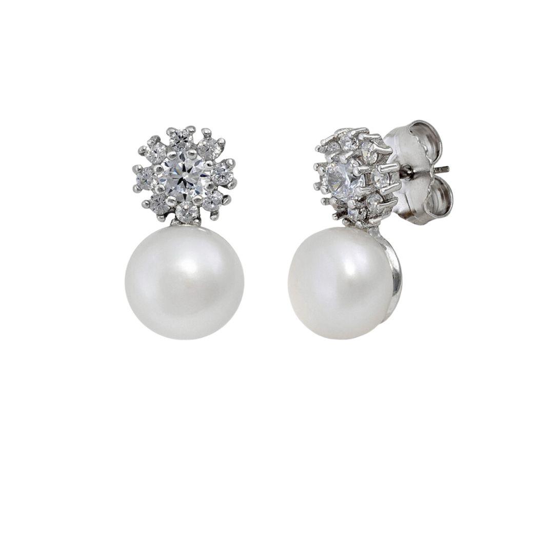 Pendientes de plata tu y yo con perla y en forma de copo de nieve circonitas brillante