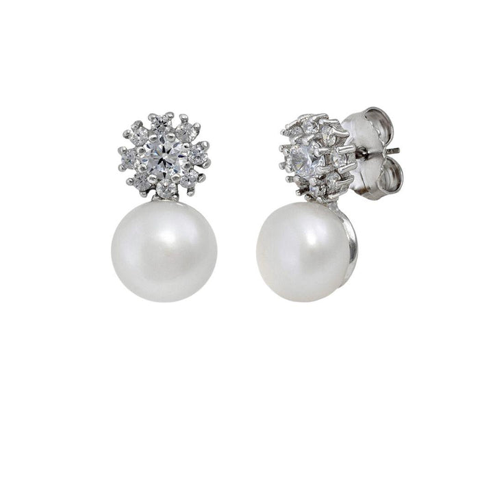 Pendientes de plata tu y yo con perla y en forma de copo de nieve circonitas brillante