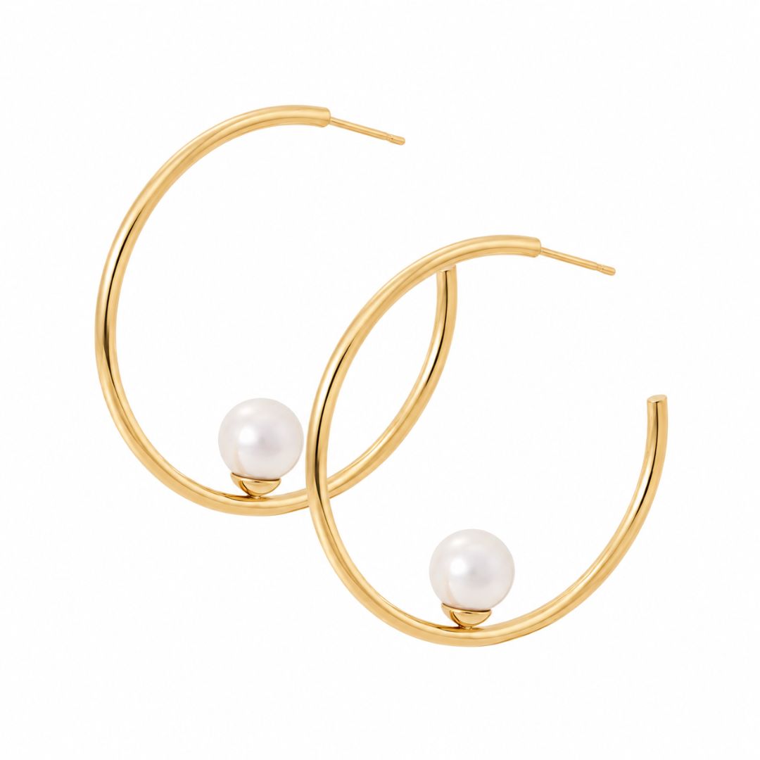 Pendientes Aro de Plata Dorada con Perla Blanca 8 mm Alba