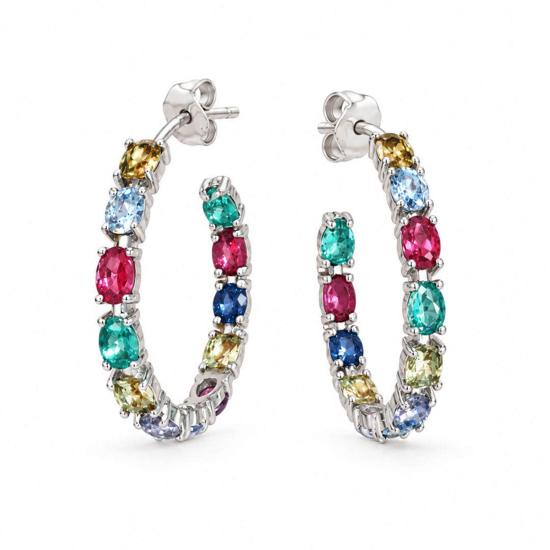 Pendientes Aros de Plata con Piedras de Colores 20 mm