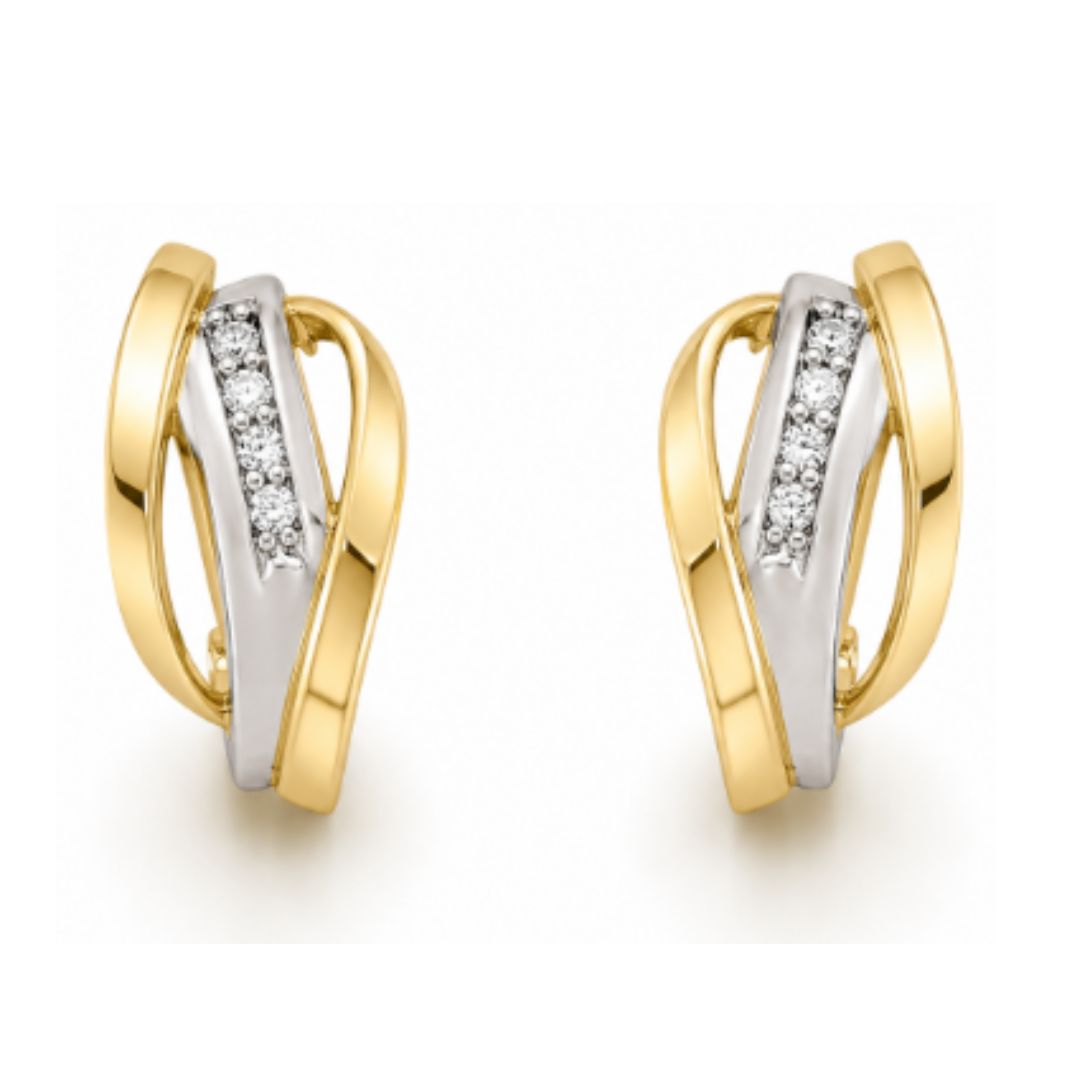 Pendientes Bicolor Oro 18K con Circonitas – Diseño Cruzado