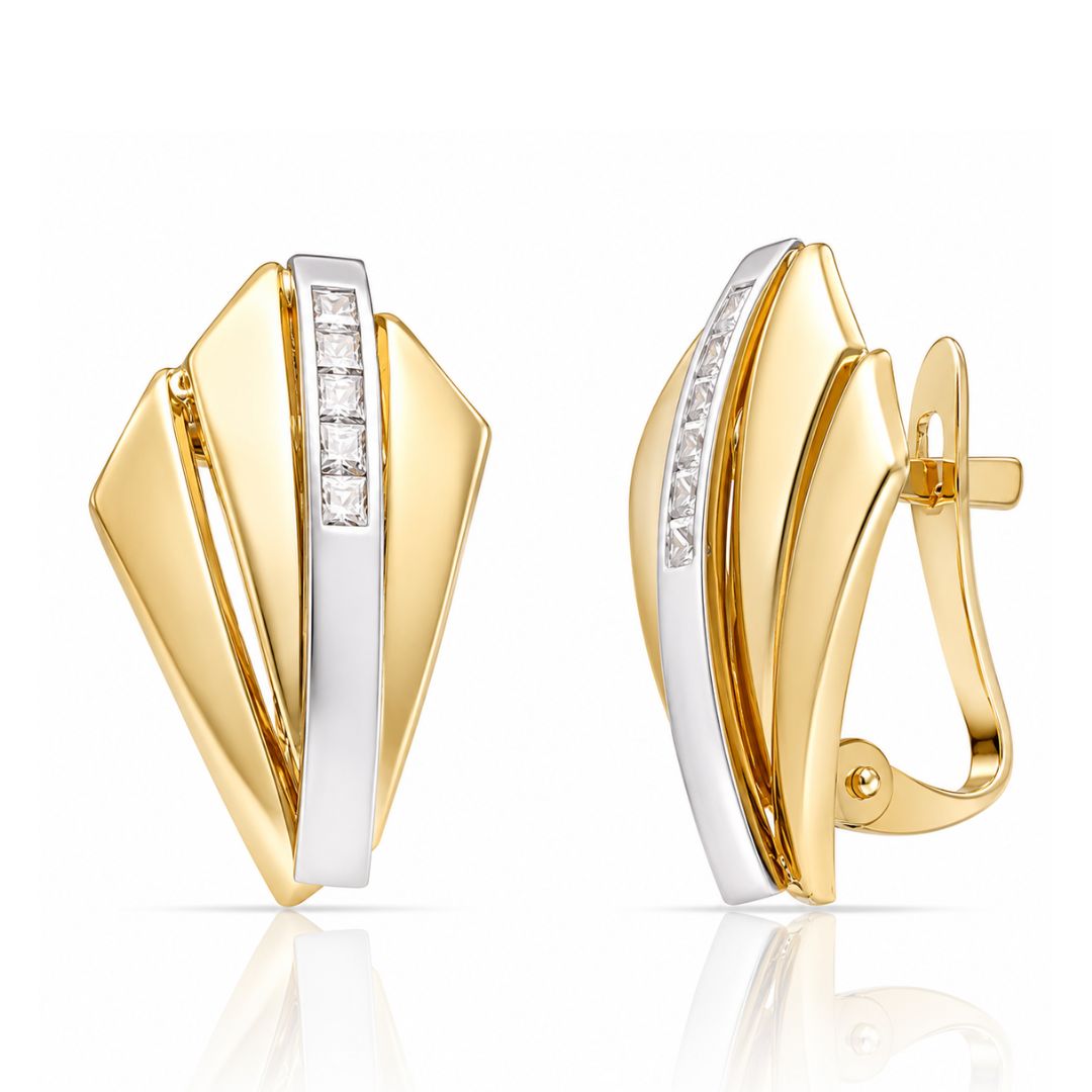 Pendientes Bicolor de Oro 18K con Circonitas y Diseño Geométrico