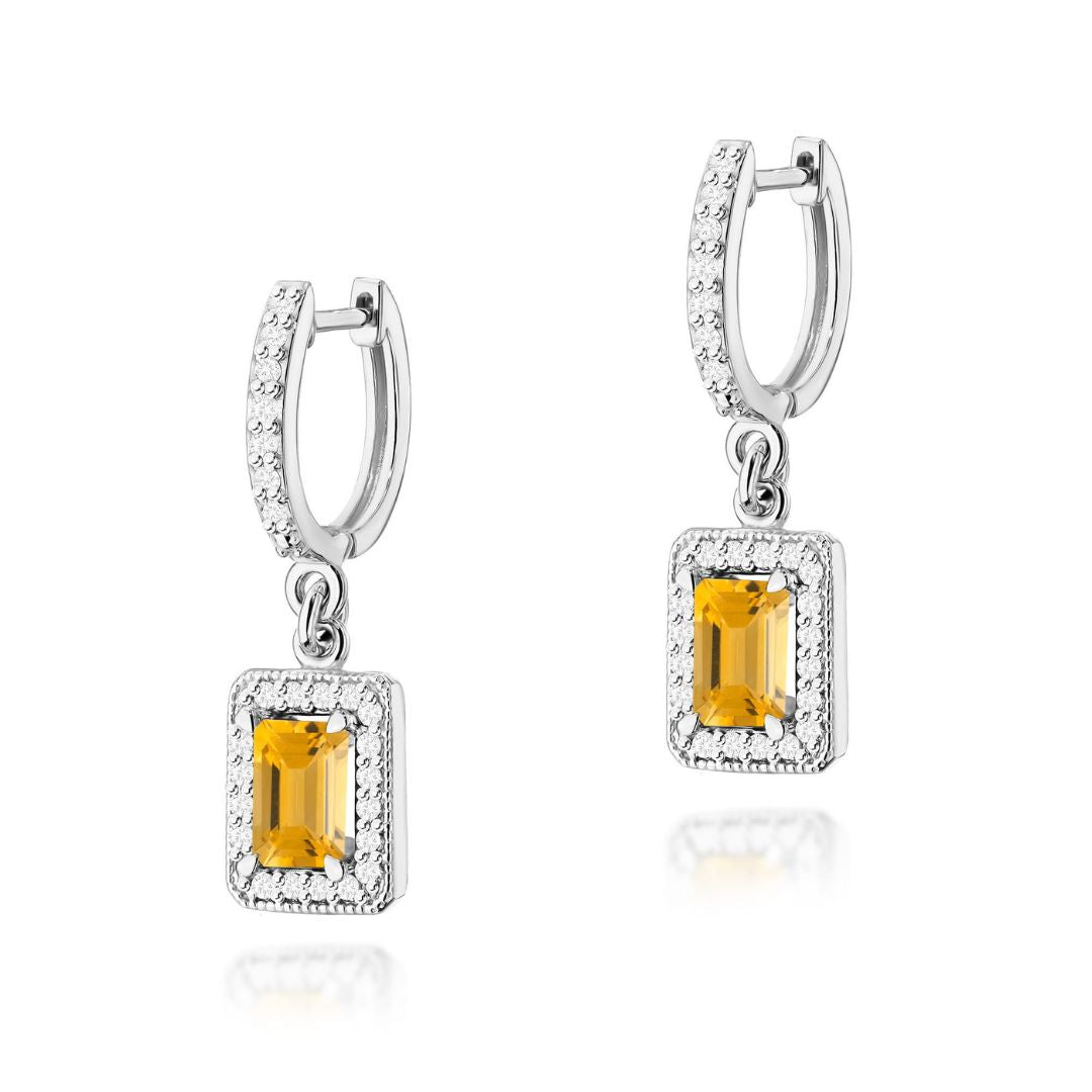 Pendientes Colgantes Oro 14K con Citrino y Diamantes Naturales