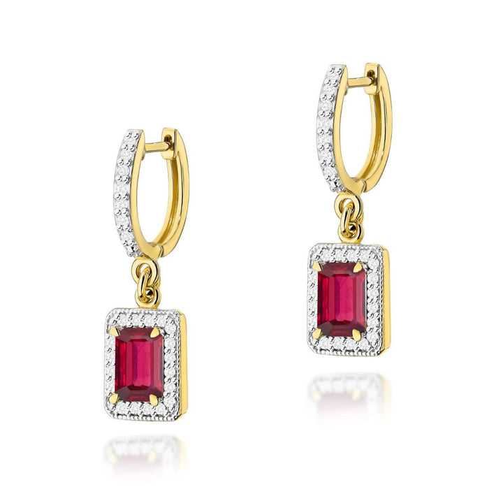 Pendientes Colgantes Oro 14K con Rubí y Diamantes Naturales
