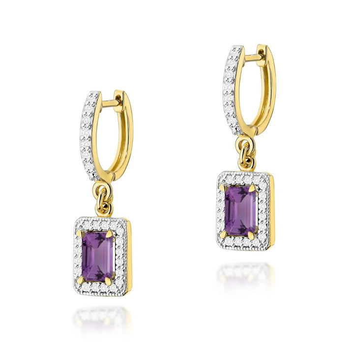 Pendientes Colgantes de Oro 14K con Amatista y Diamantes Naturales