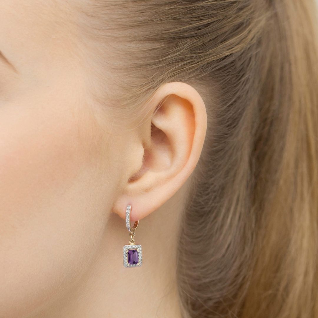 Pendientes Colgantes de Oro 14K con Amatista y Diamantes Naturales