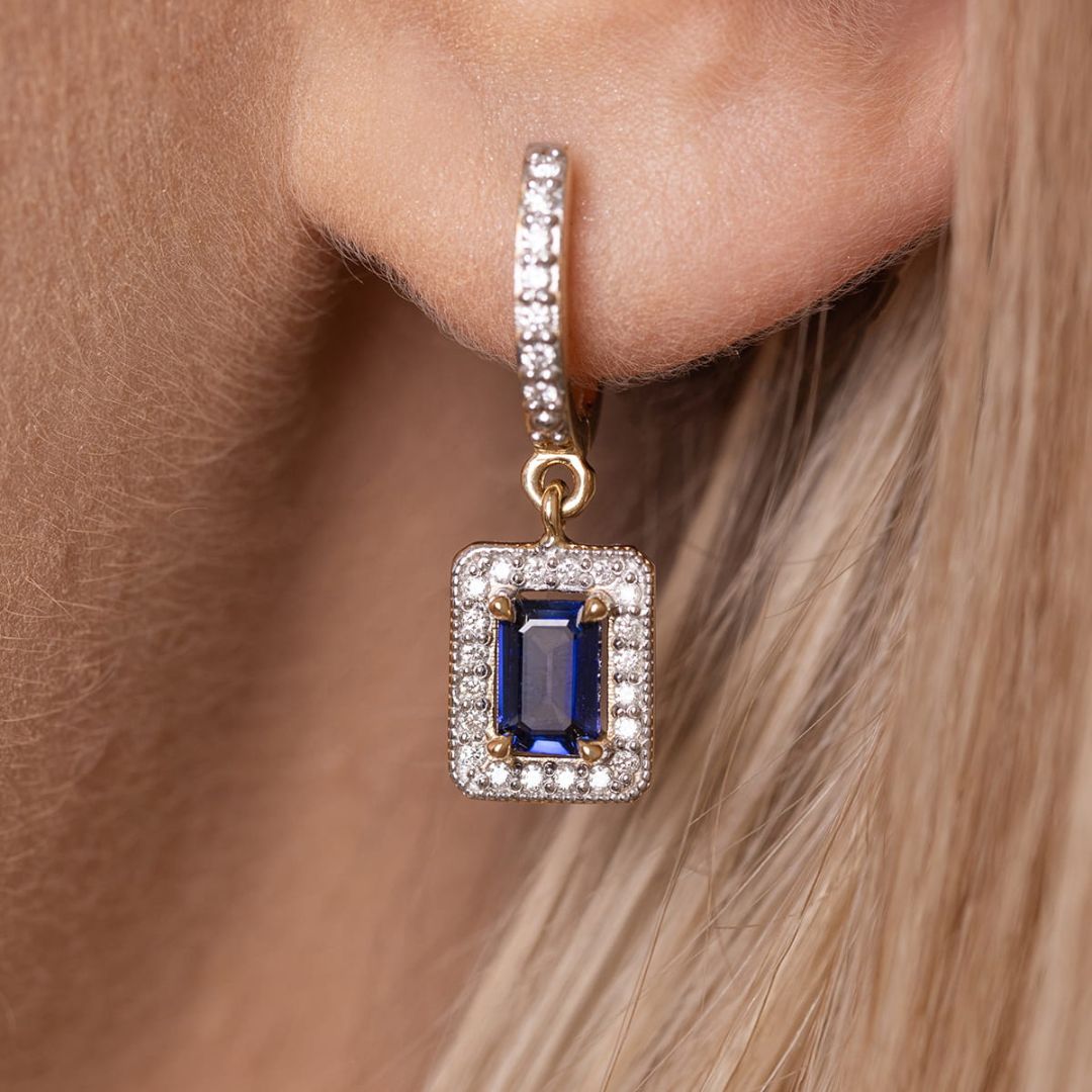 Pendientes Colgantes de Oro 14K con Zafiro y Diamantes Naturales