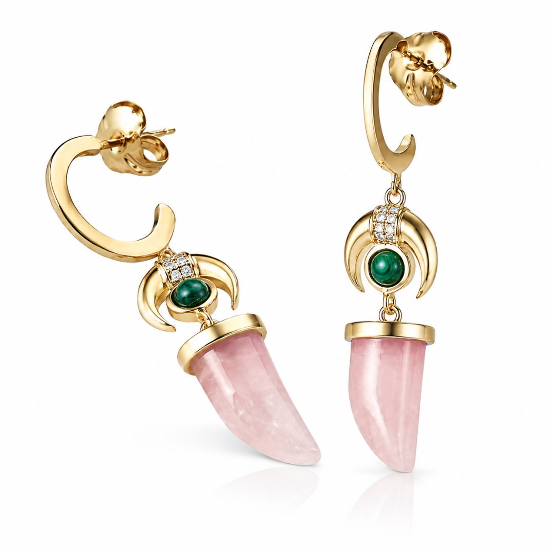 Pendientes Colgantes de Plata de Ley 925 con Cuarzo Rosa y Malaquita – Inspiración Mística