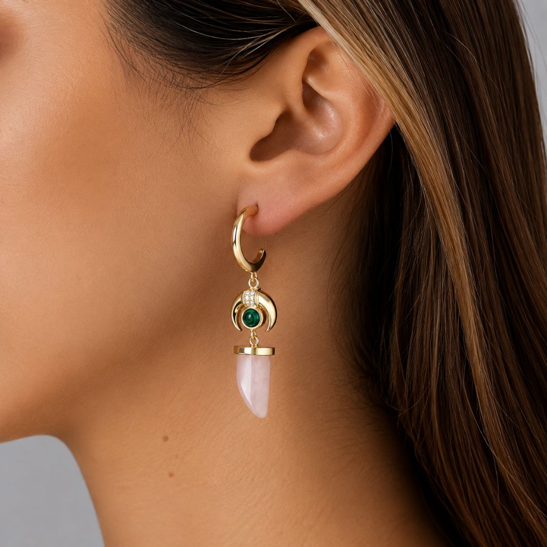 Pendientes Colgantes de Plata de Ley 925 con Cuarzo Rosa y Malaquita – Inspiración Mística