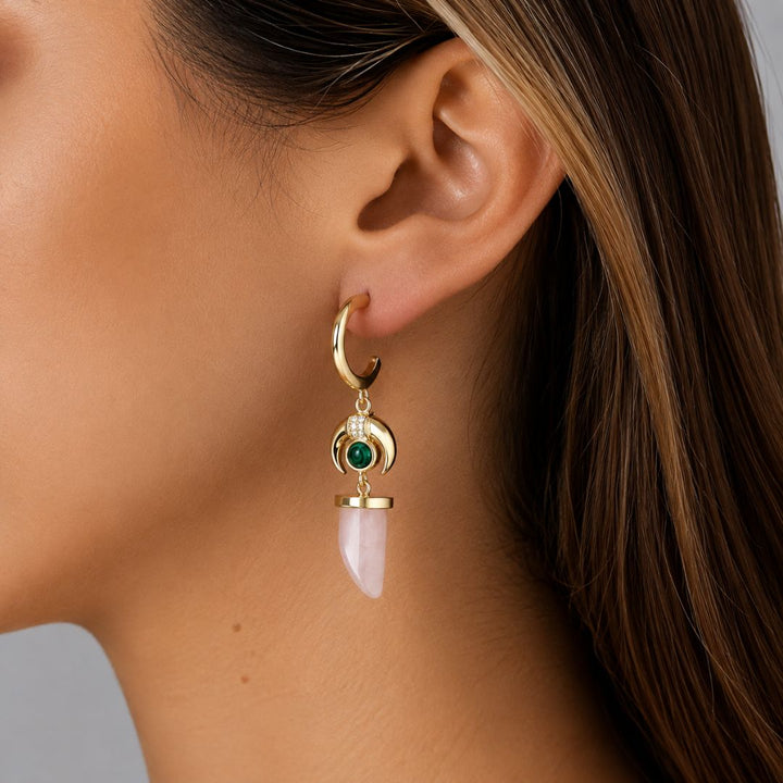 Pendientes Colgantes de Plata de Ley 925 con Cuarzo Rosa y Malaquita – Inspiración Mística
