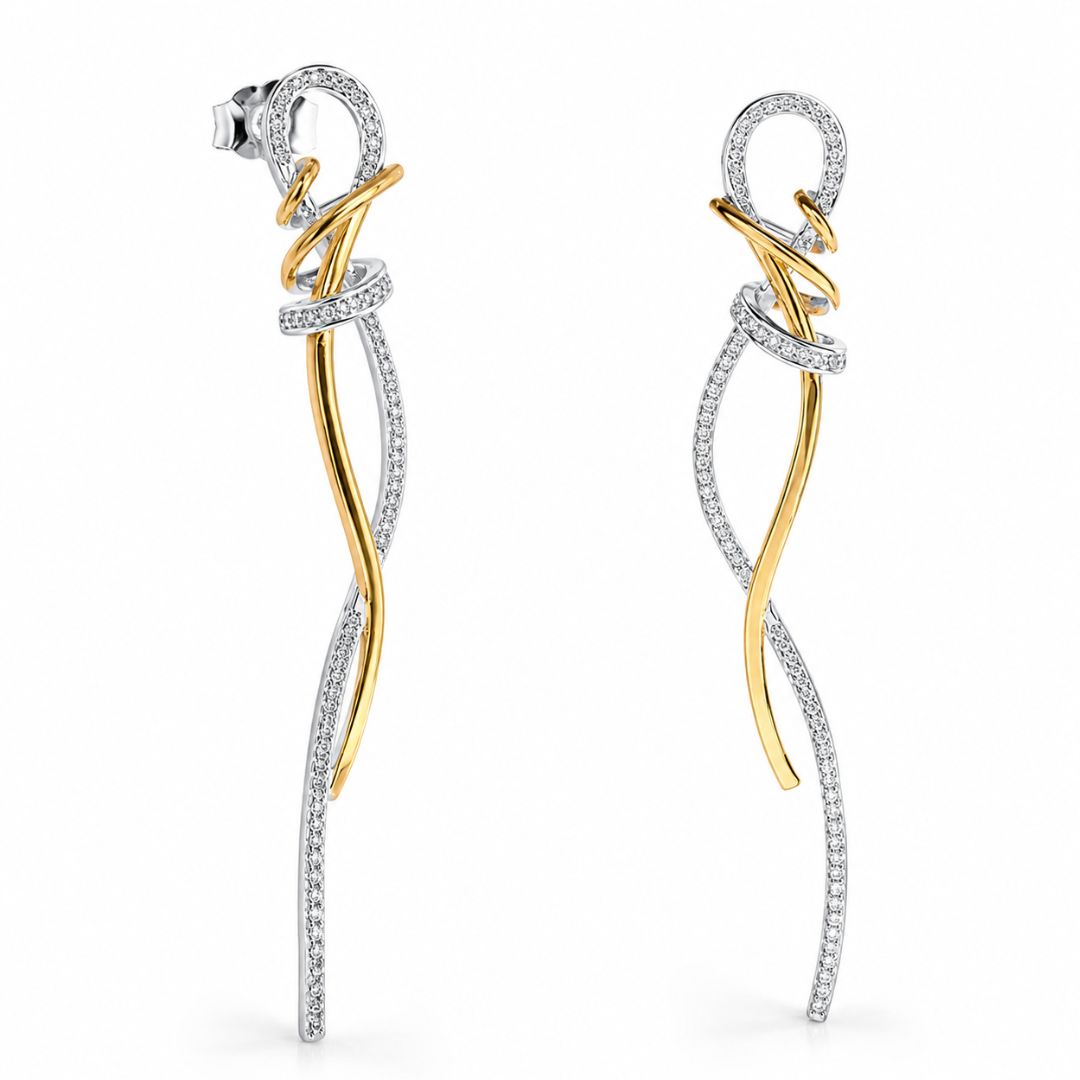 Pendientes Colgantes de Plata de Ley Bicolor con Circonitas – Diseño Espiral Elegante