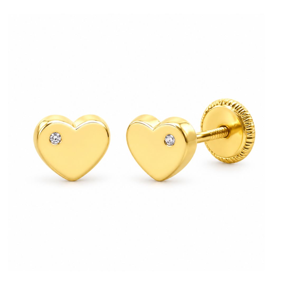 Pendientes Corazón de Oro 18K con Circonita y Rosca · 6 mm
