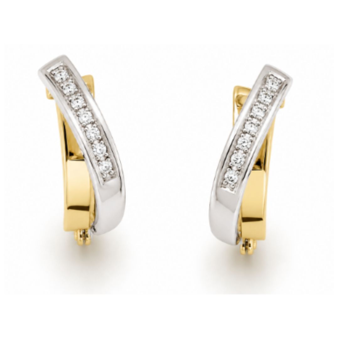 Pendientes Curvos Bicolor de Oro 18K con Circonitas