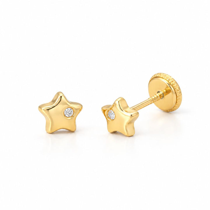 Pendientes Estrella de Oro 18K con Circonita y Rosca · 5 mm