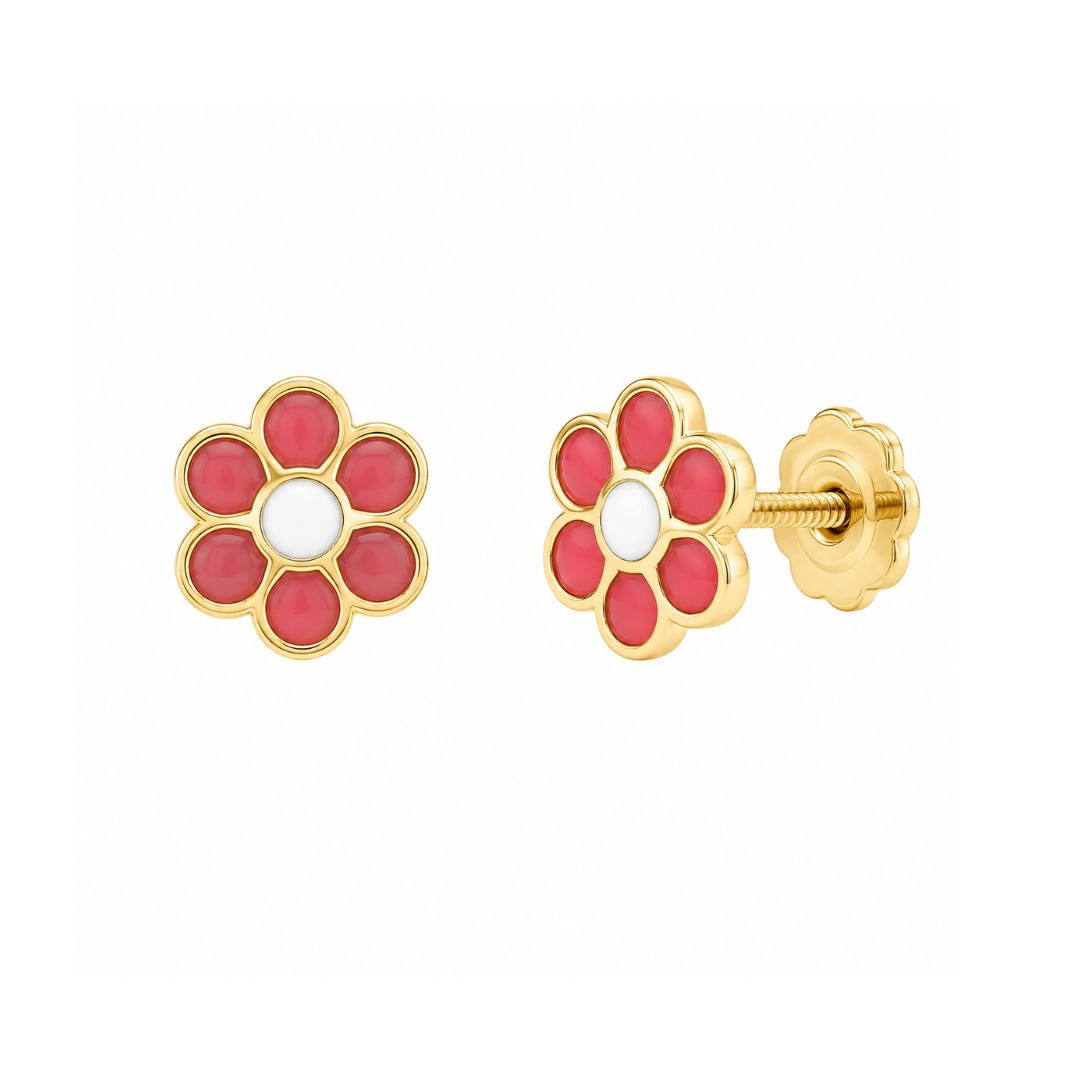Pendientes Flor Oro 18K Esmaltados Rojos