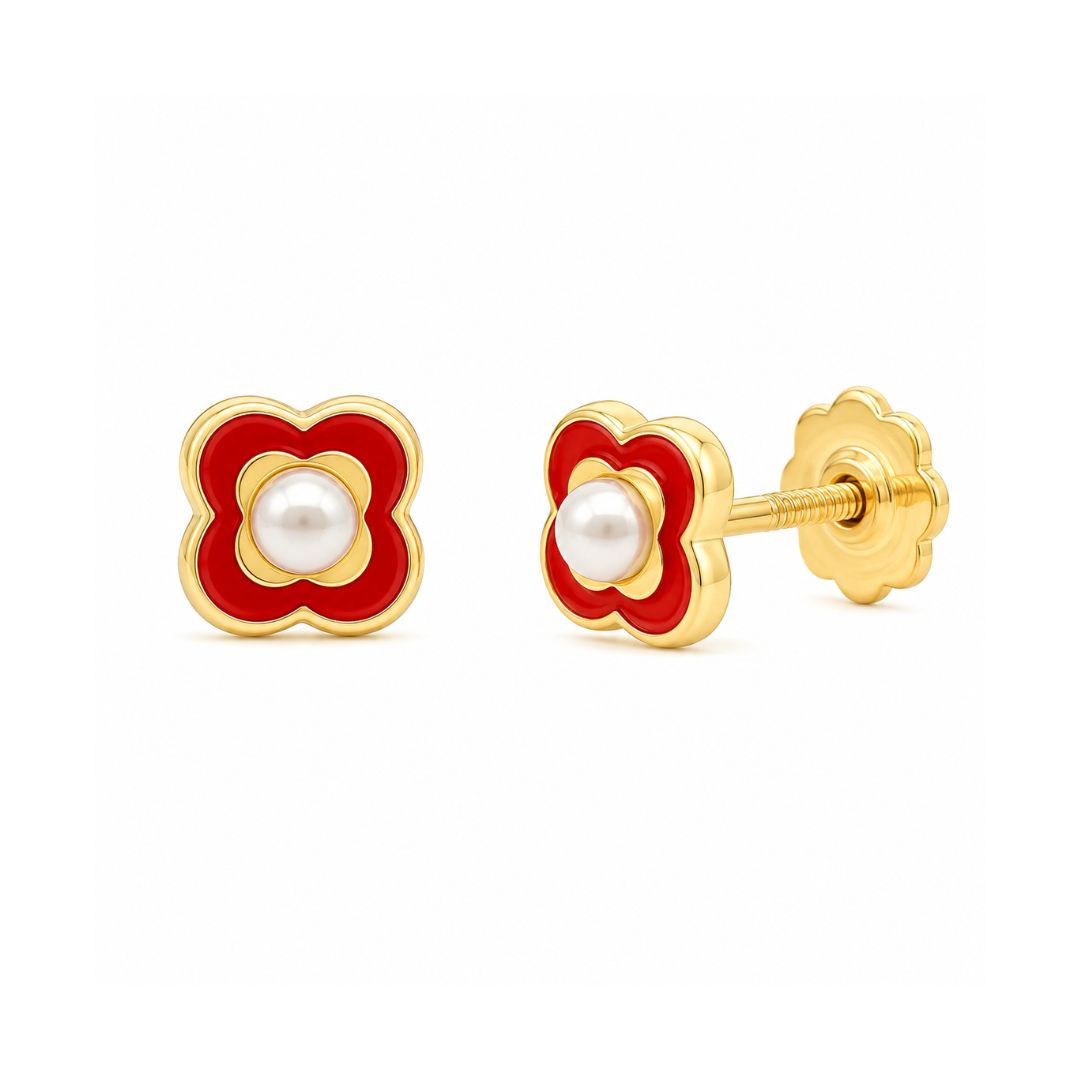 Pendientes Flor Oro 18K Esmaltados con Perla
