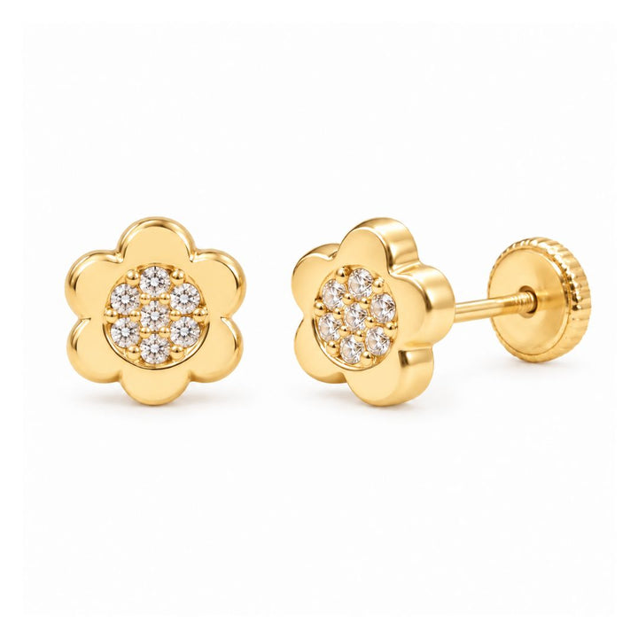 Pendientes Flor de Oro 18K con Circonitas en Microengaste · 7 mm