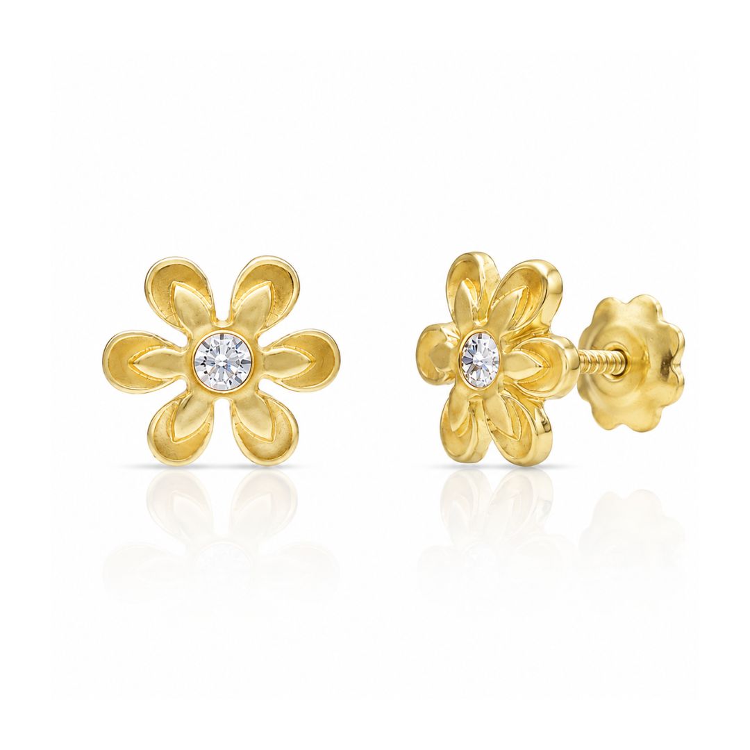 Pendientes Flor de Seis Pétalos Oro 18K con Circonita