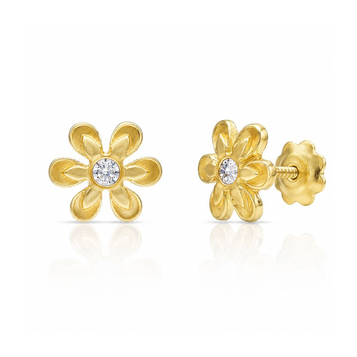 Pendientes Flor de Seis Pétalos Oro 18K con Circonita
