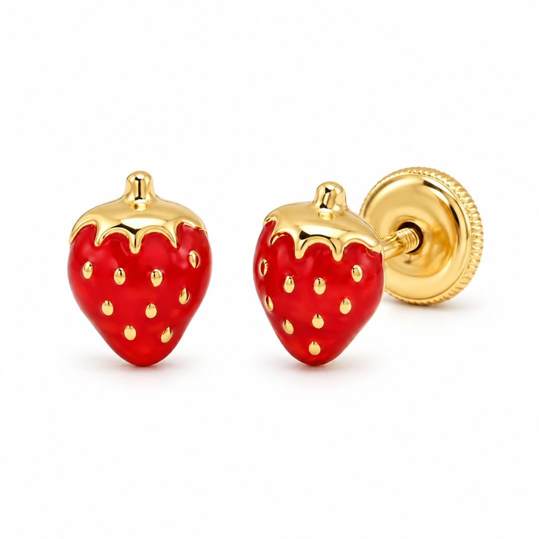 Pendientes Fresa de Oro 18K con Esmalte Rojo y Rosca · 7 mm