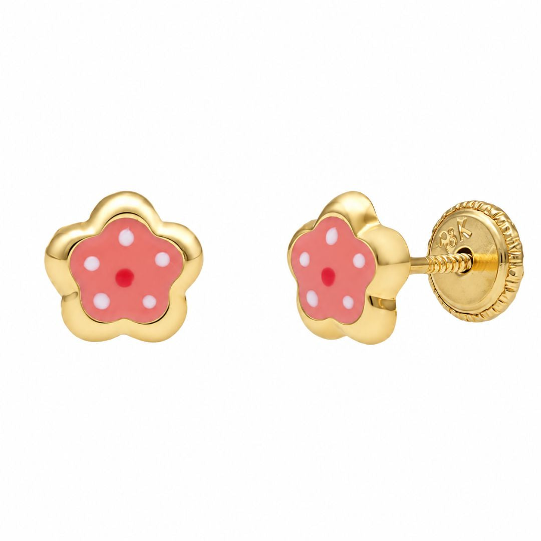 Pendientes Infantiles de Oro 18K Flor Esmaltada Rosa