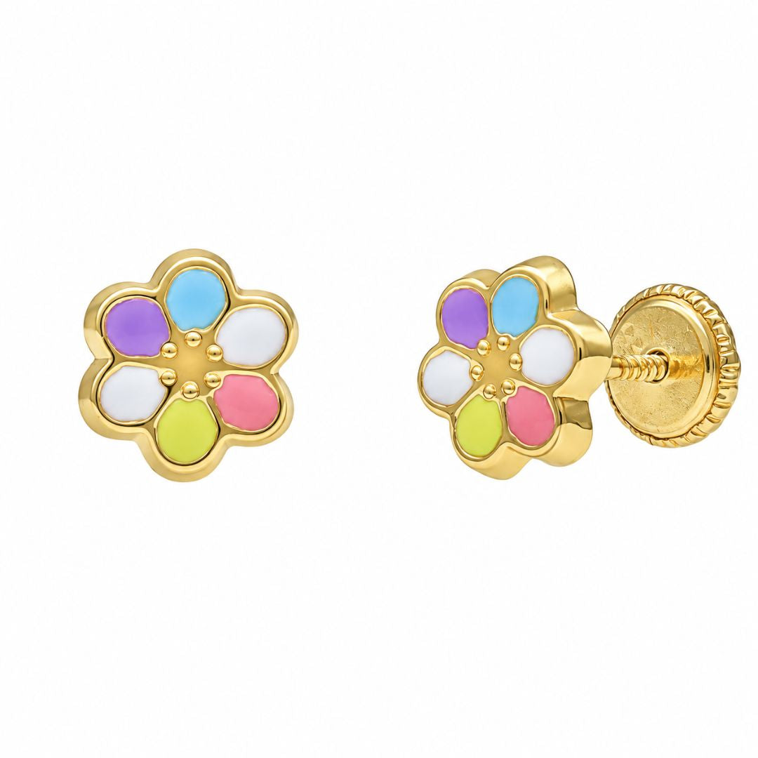 Pendientes Infantiles de Oro 18K con Flor Multicolor Esmaltada