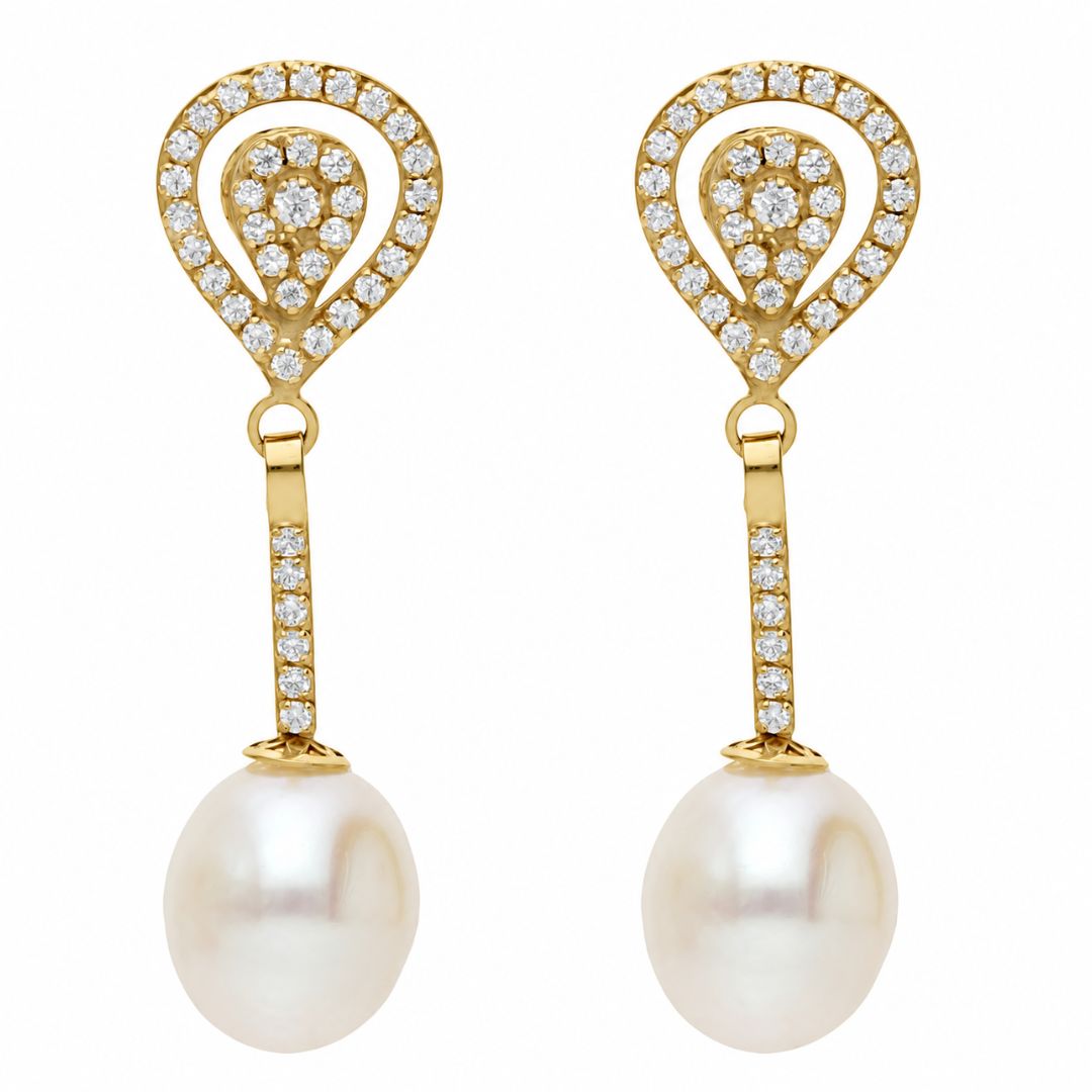 Pendientes Lágrima de Oro 18K con Circonitas y Perlas