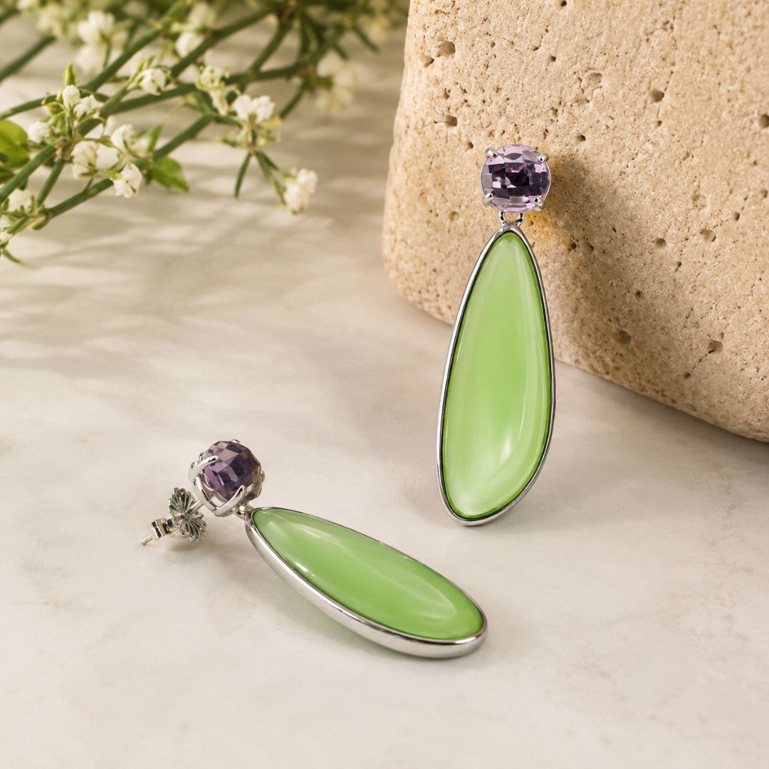 Pendientes Largos Verdes en Plata de Ley