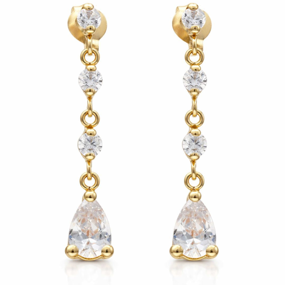 Pendientes Largos de Oro 18K con Circonitas y Lágrima
