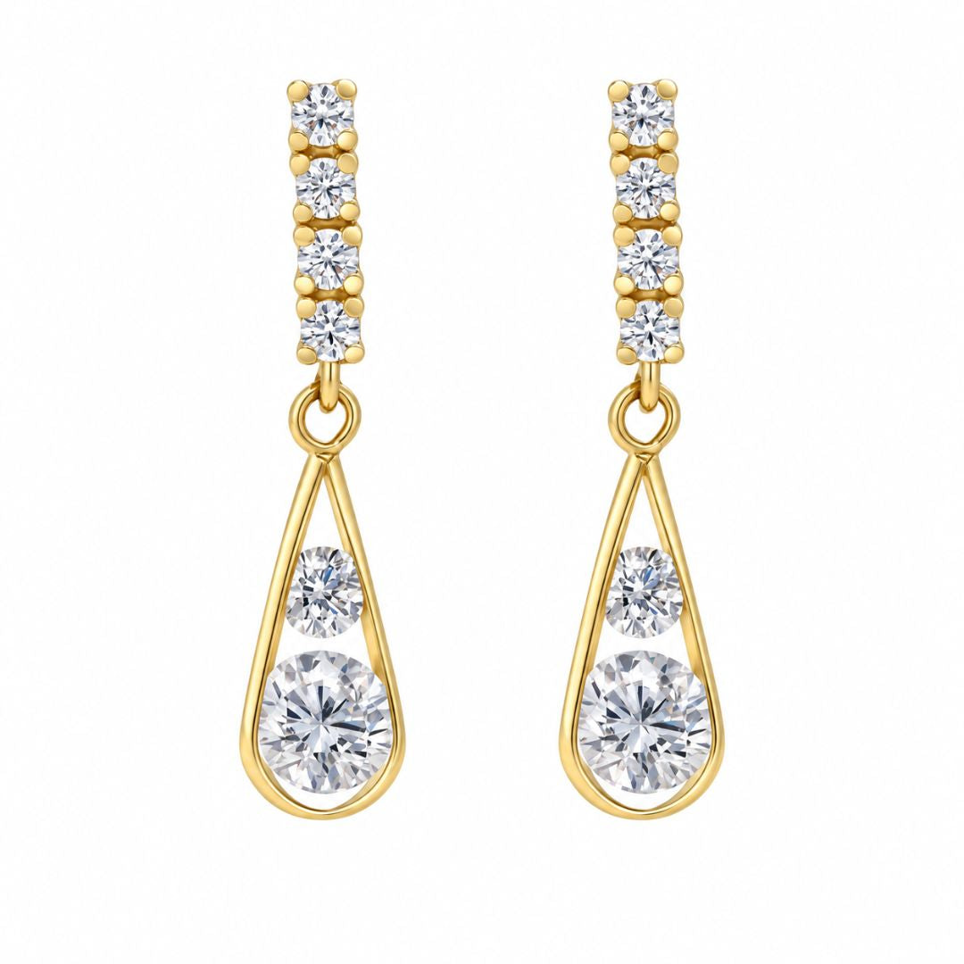 Pendientes Largos de Oro 18K con Circonitas y Lágrima Calada
