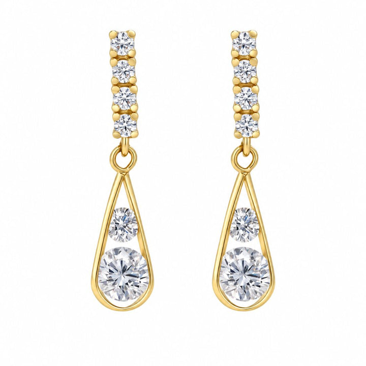 Pendientes Largos de Oro 18K con Circonitas y Lágrima Calada