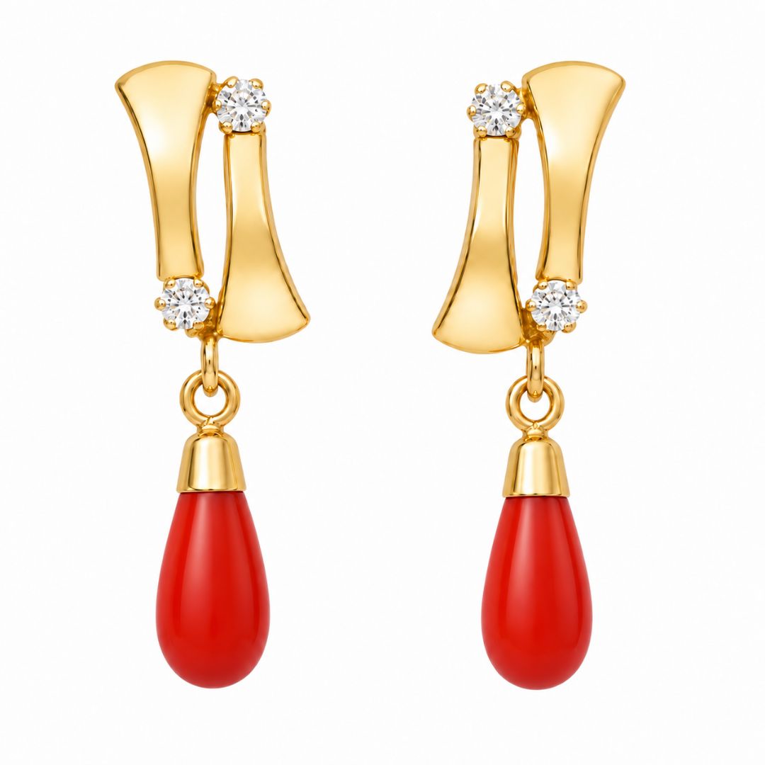 Pendientes Largos de Oro 18K con Coral Rojo y Circonita