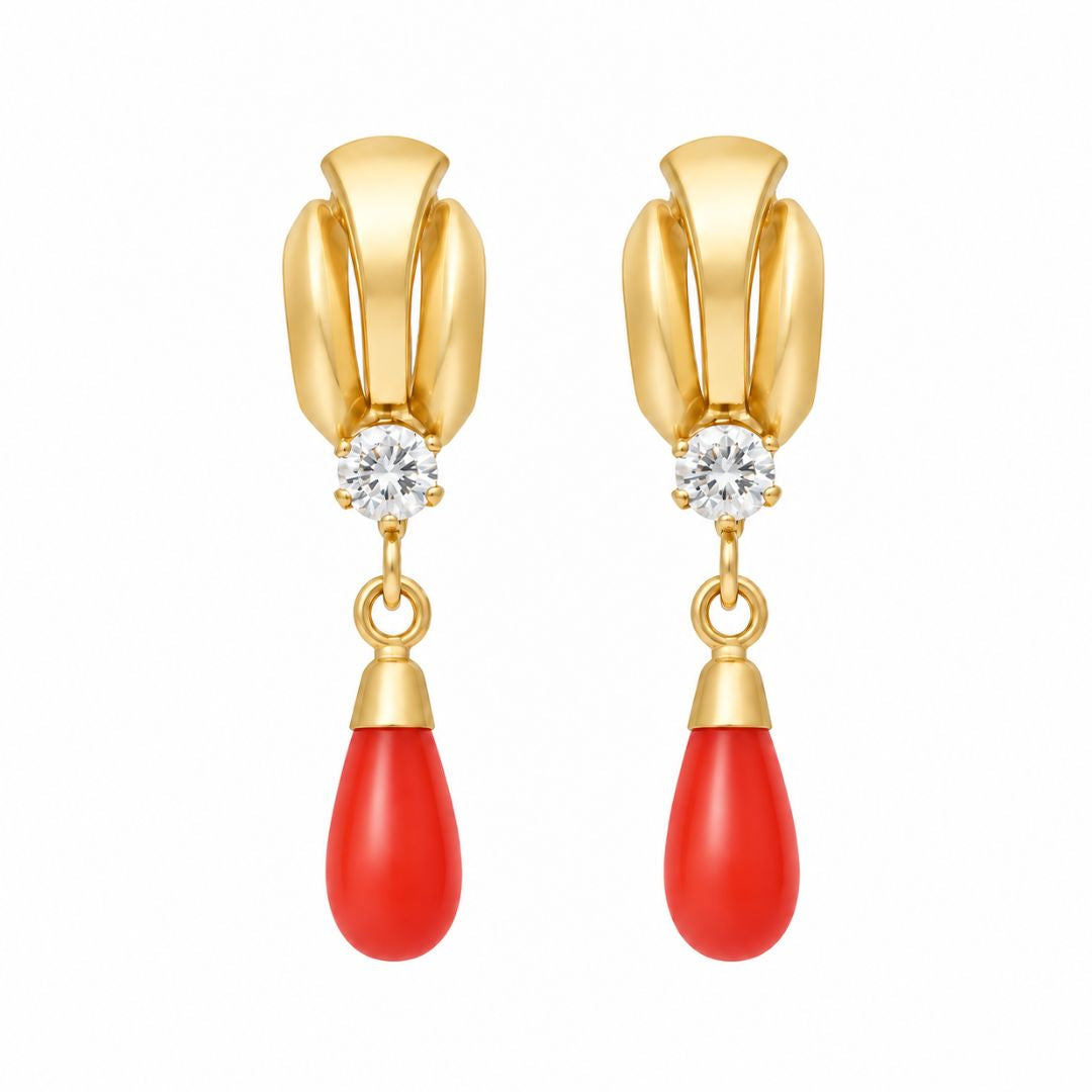Pendientes Abanico de Oro 18K con Circonita y Coral Rojo