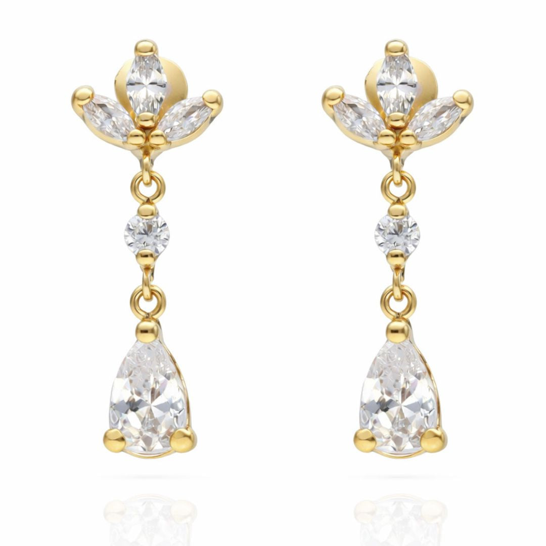 Pendientes Largos de Oro 18K con Flor y Circonitas