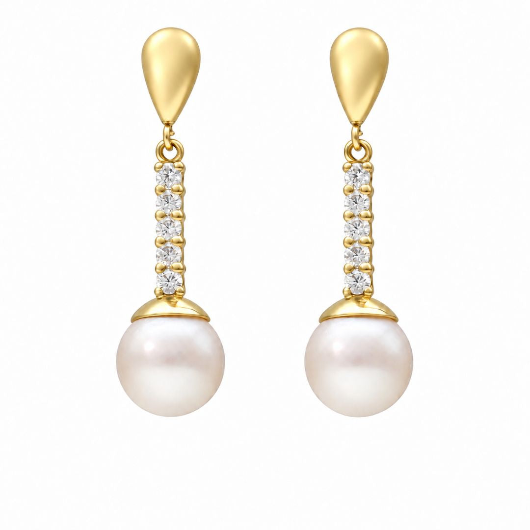 Pendientes Largos de Oro 18K con Perlas Cultivadas y Circonitas