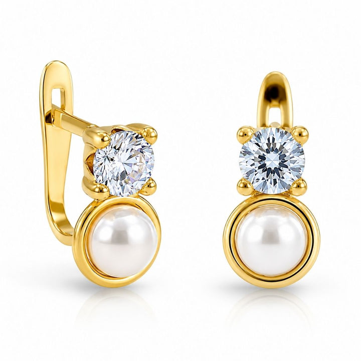 Pendientes Niña Comunión Oro 18K Circonita en Garra y Perla – Cierre Catalán