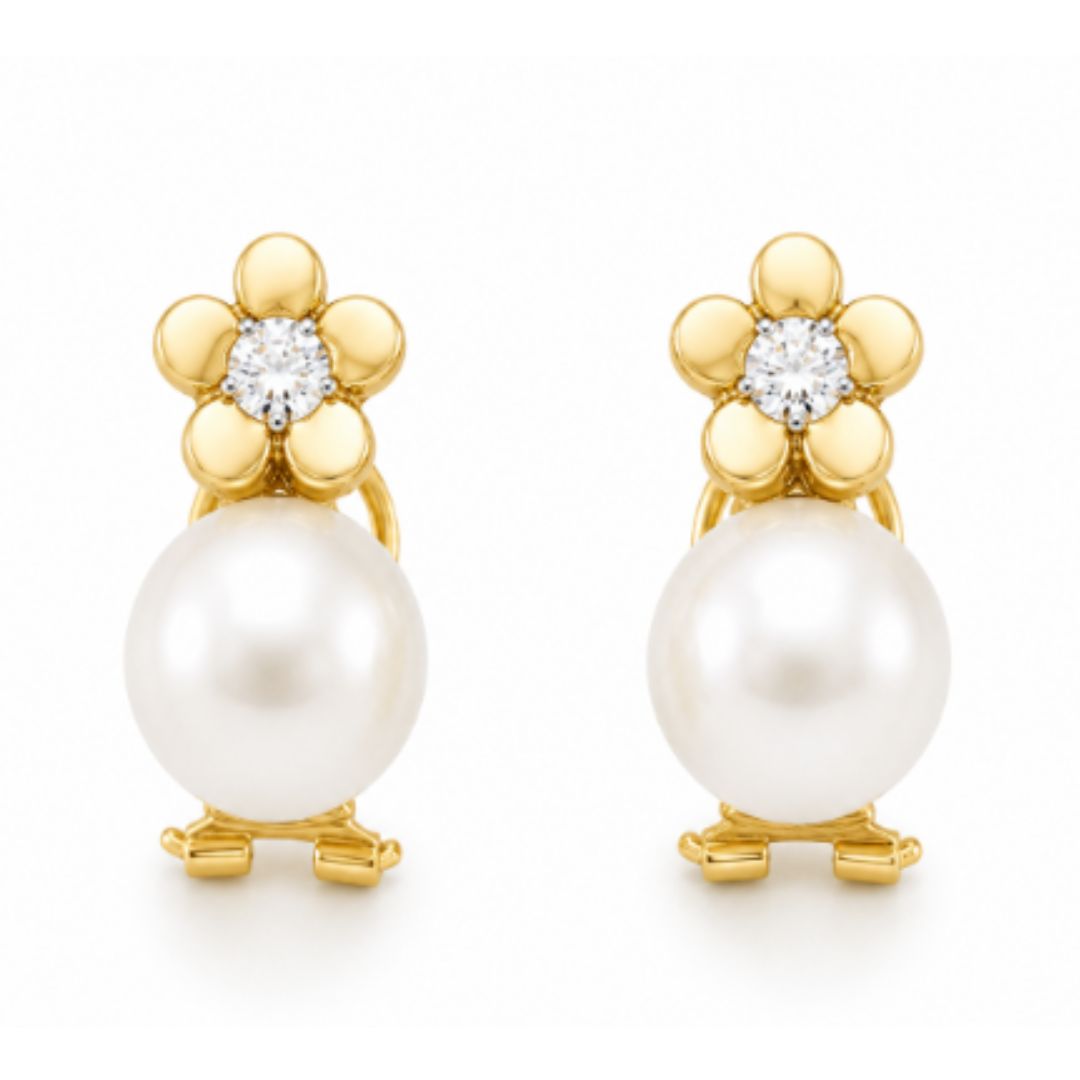 Pendientes Oro 18K Flor con Perla Cultivada y Circonita – Cierre Omega