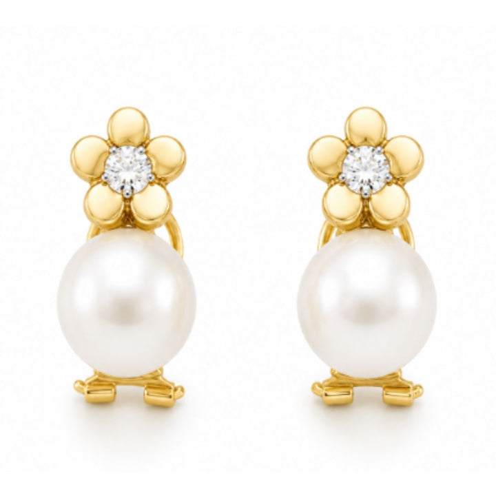 Pendientes Oro 18K Flor con Perla Cultivada y Circonita – Cierre Omega