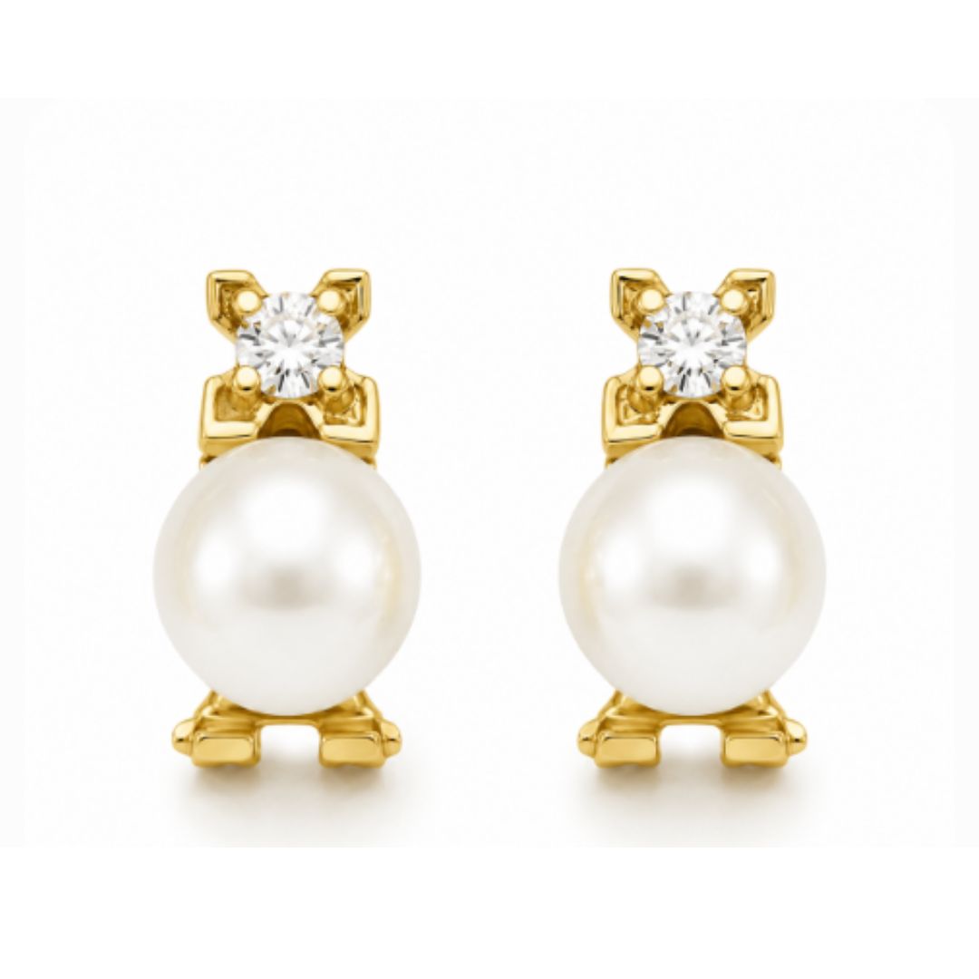 Pendientes Oro 18K con Perla Cultivada y Circonita – Cierre Omega