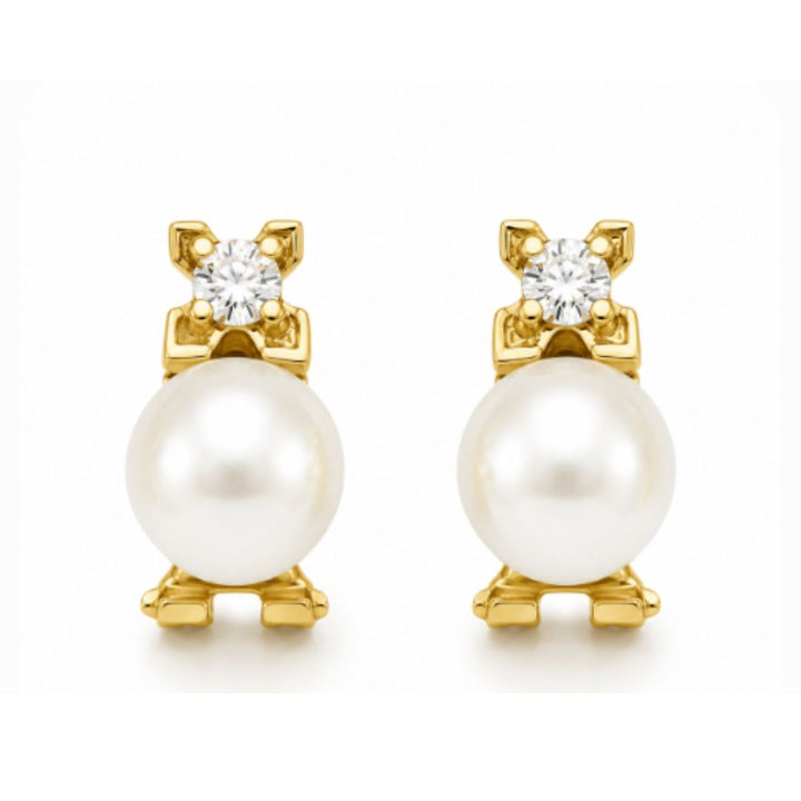 Pendientes Oro 18K con Perla Cultivada y Circonita – Cierre Omega