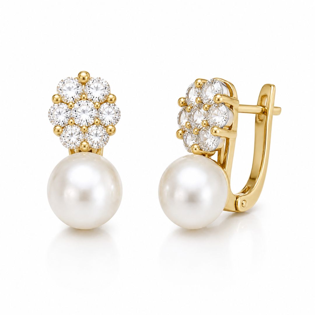 Pendientes Oro 18K con Perla Cultivada y Rosetón de Circonitas